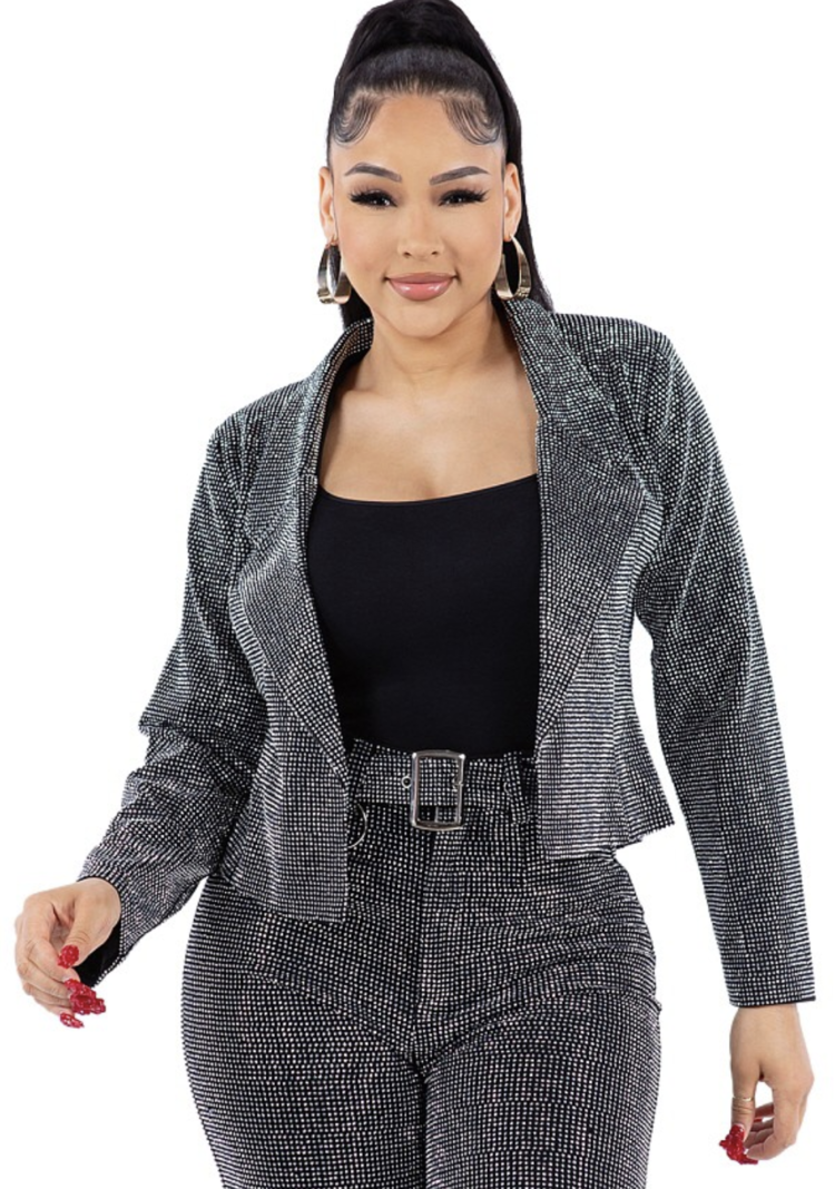 Cropped Rhinestone Notch Open Front Blazer