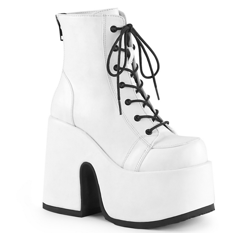 Camel-203 White Chunky Heel Lace Up Ankle Boot