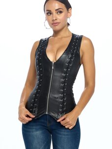 Faux  Leather Lace Up Detail Zip Up  Vest
