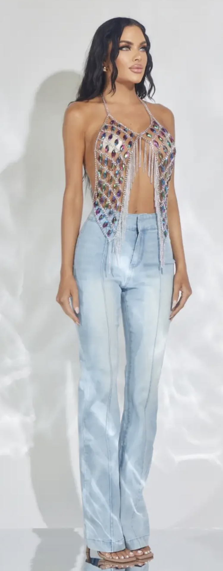 Iridescent Jeweled Top With Chain Fringe