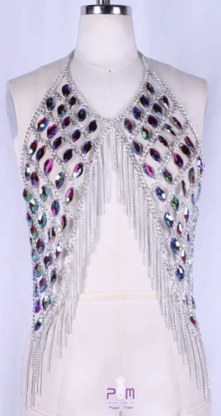 Iridescent Jeweled Top With Chain Fringe