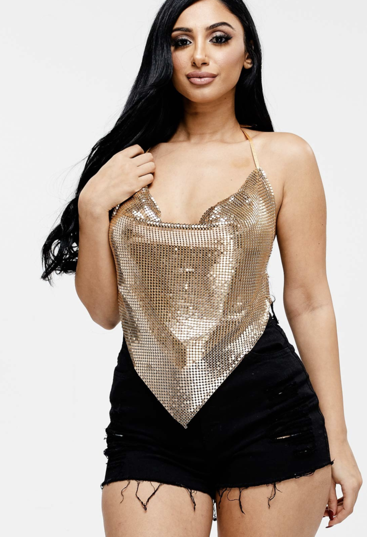 Metallic Backless Cowl Halter
