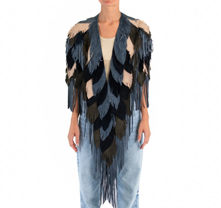 Indigo Fringe and Feather Suede Coat