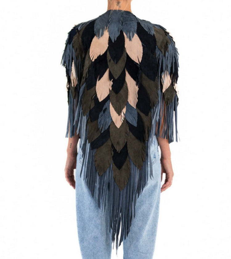 Indigo Fringe and Feather Suede Coat
