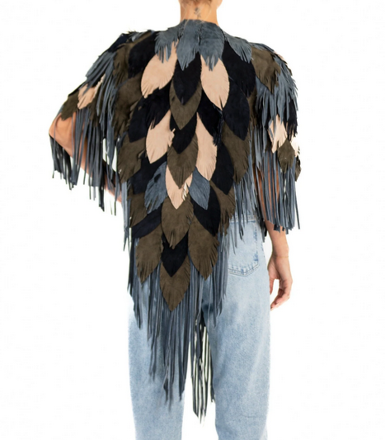 Indigo Fringe and Feather Suede Coat