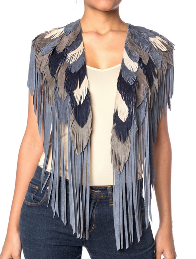 Blue Jay Fringe Feather Suede Shawl