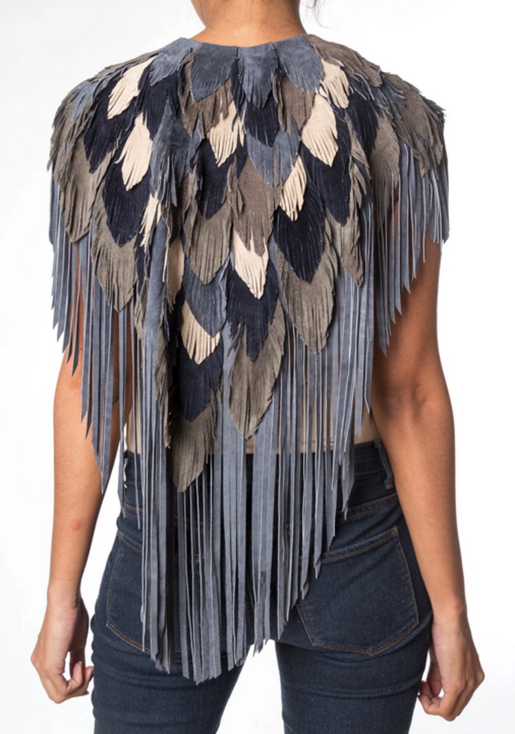 Blue Jay Fringe Feather Suede Shawl