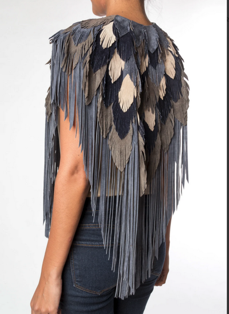 Blue Jay Fringe Feather Suede Shawl