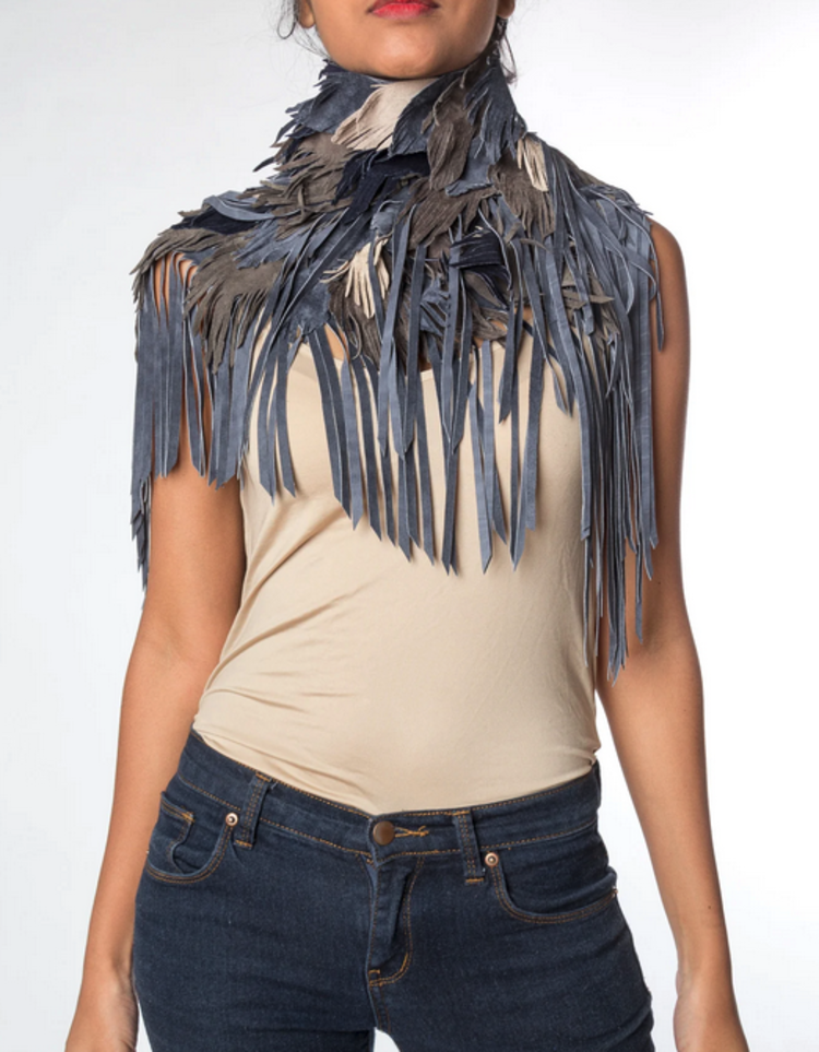 Blue Jay Fringe Feather Suede Shawl