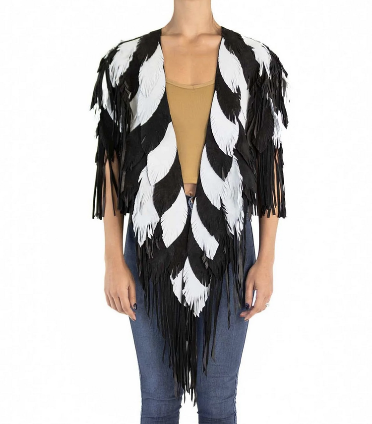 Black and White Fringe and Feather Suede Coat