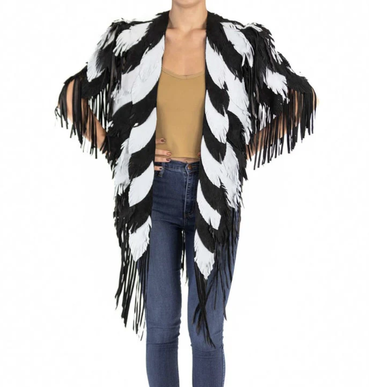 Black and White Fringe and Feather Suede Coat