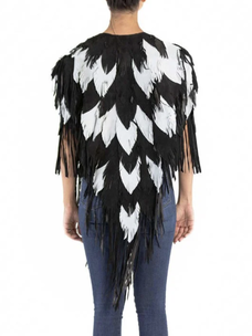 Black and White Fringe and Feather Suede Coat