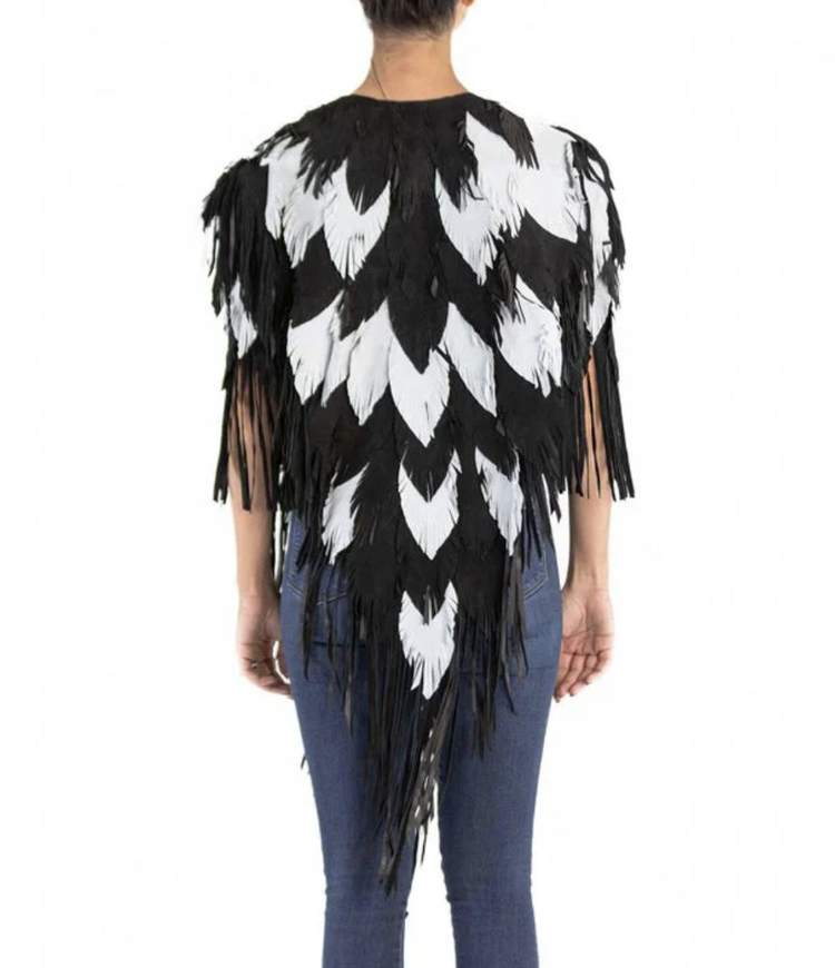 Black and White Fringe and Feather Suede Coat