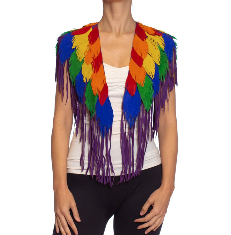 Rainbow Fringe Feather Suede Shawl