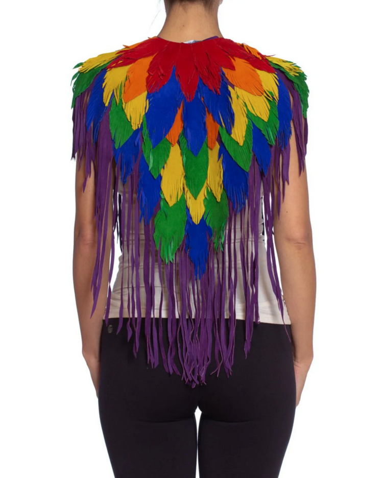 Rainbow Fringe Feather Suede Shawl