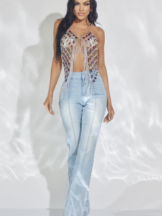 Iridescent Jeweled Top With Chain Fringe