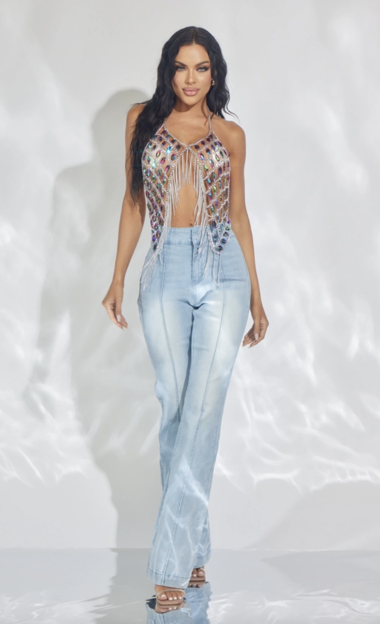 Iridescent Jeweled Top With Chain Fringe