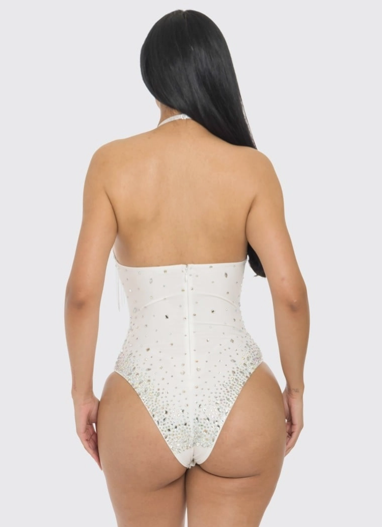 White Crystal Metal Beaded Fringe Bodysuit