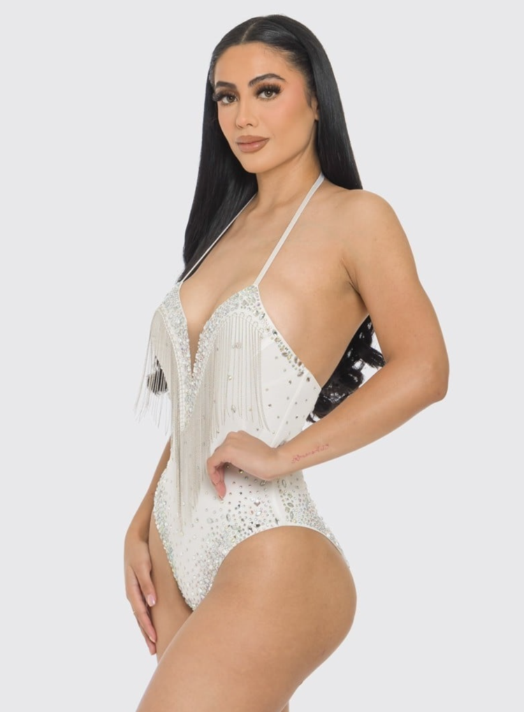 White Crystal Metal Beaded Fringe Bodysuit