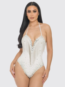 White Crystal Metal Beaded Fringe Bodysuit