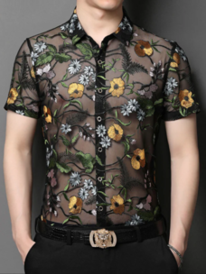 Floral Embroidered Short Sleeve Mesh Button Up Shirt