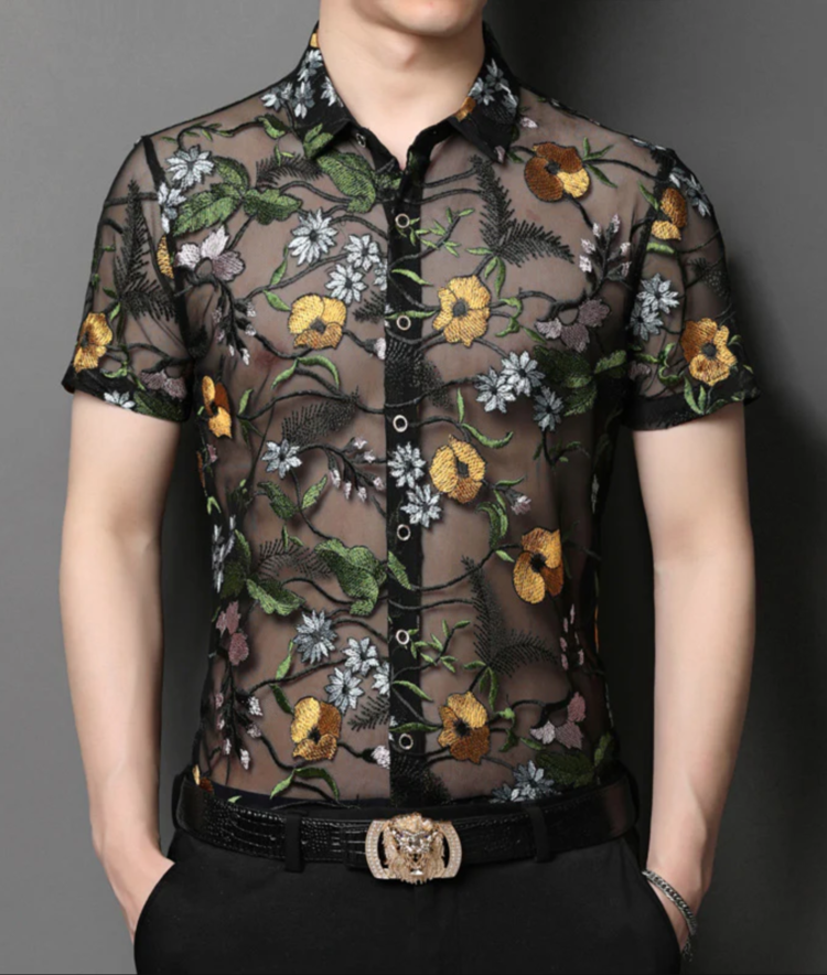 Floral Embroidered Short Sleeve Mesh Button Up Shirt