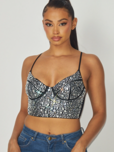 Black Rhinestone Bustier Crop Top