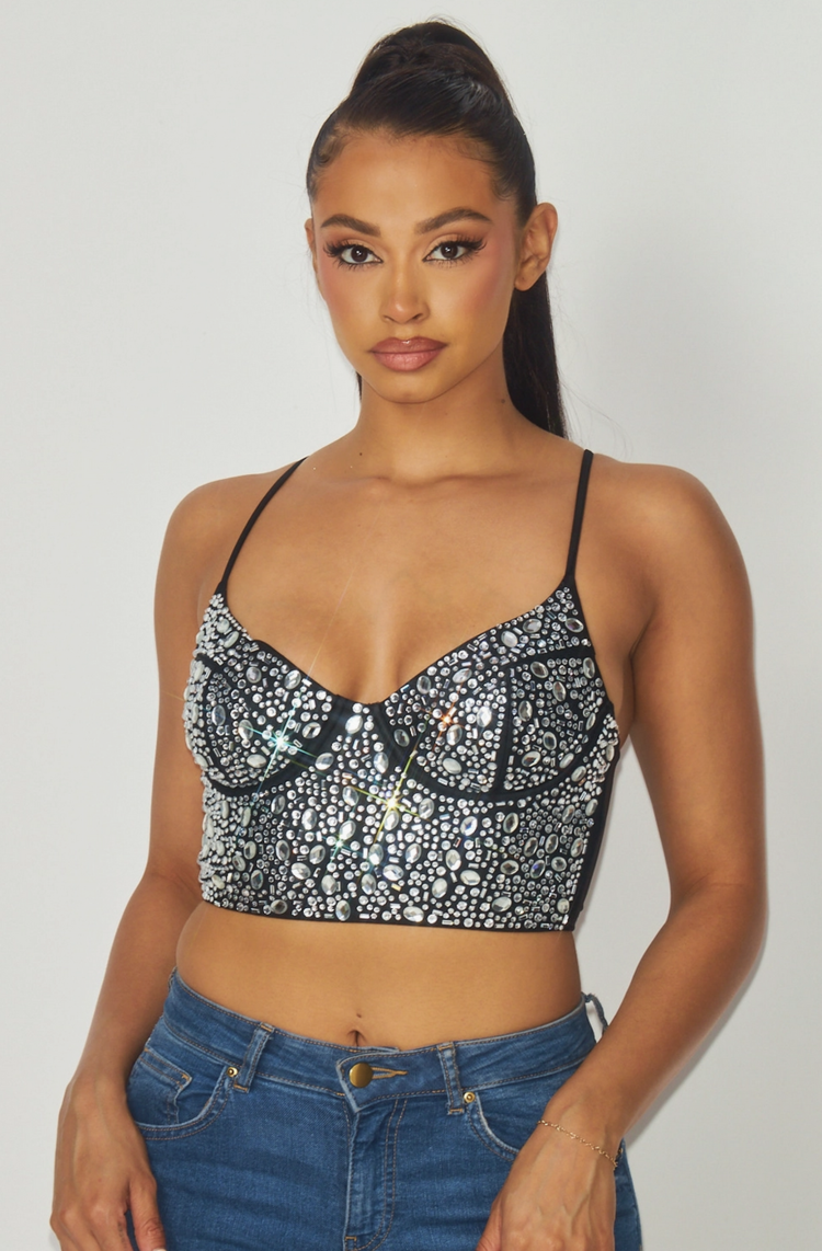 Black Rhinestone Bustier Crop Top