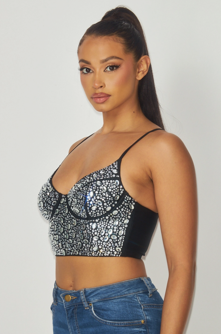 Black Rhinestone Bustier Crop Top