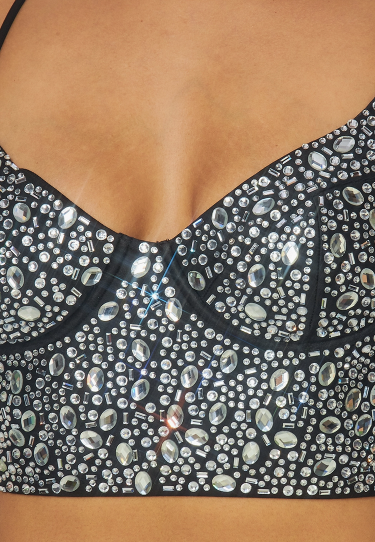 Black Rhinestone Bustier Crop Top