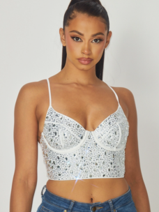 White Rhinestone Bustier Crop Top