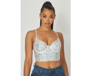 White Rhinestone Bustier Crop Top | No Rules Fashion - No