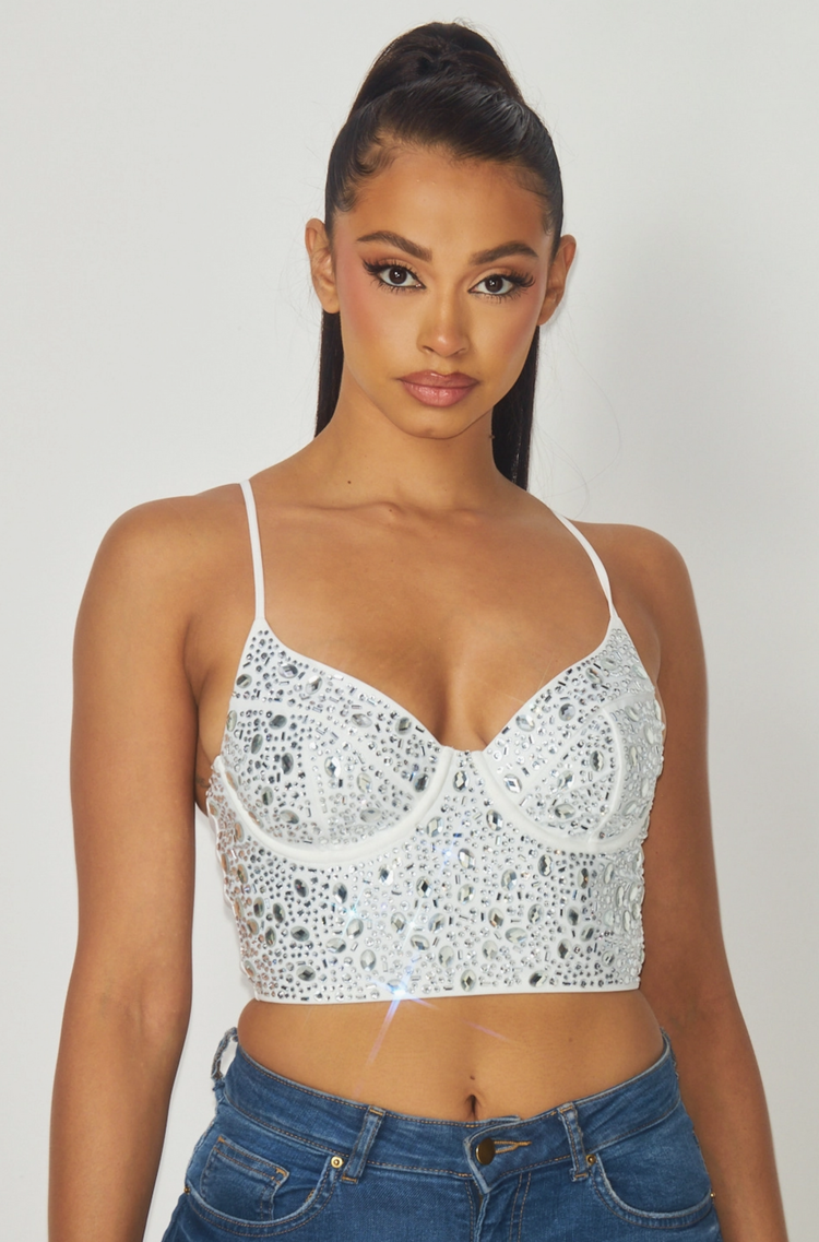 White Rhinestone Bustier Crop Top