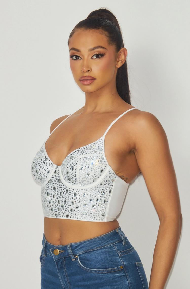 White Rhinestone Bustier Crop Top