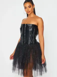 Black Mesh  PU Zipper Tutu Dress
