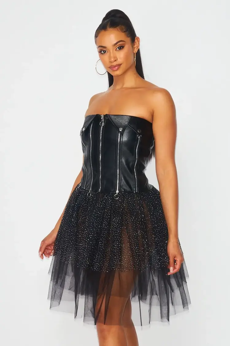Black Mess PU Zipper Tutu Dress