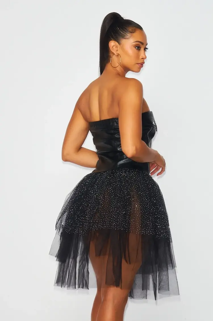 Black Mess PU Zipper Tutu Dress