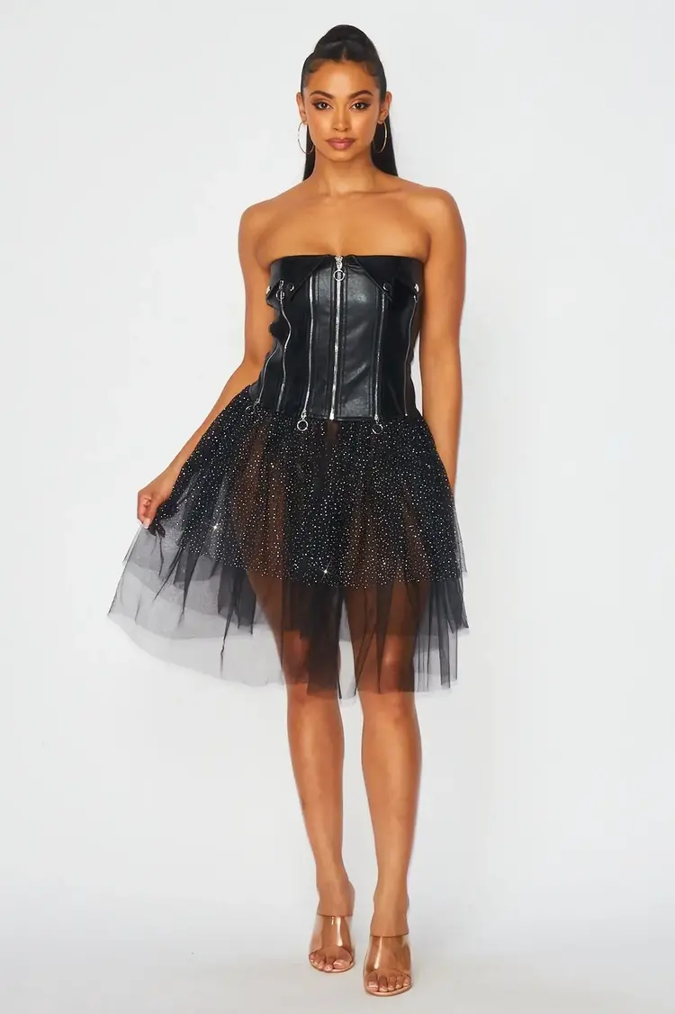 Black Mess PU Zipper Tutu Dress