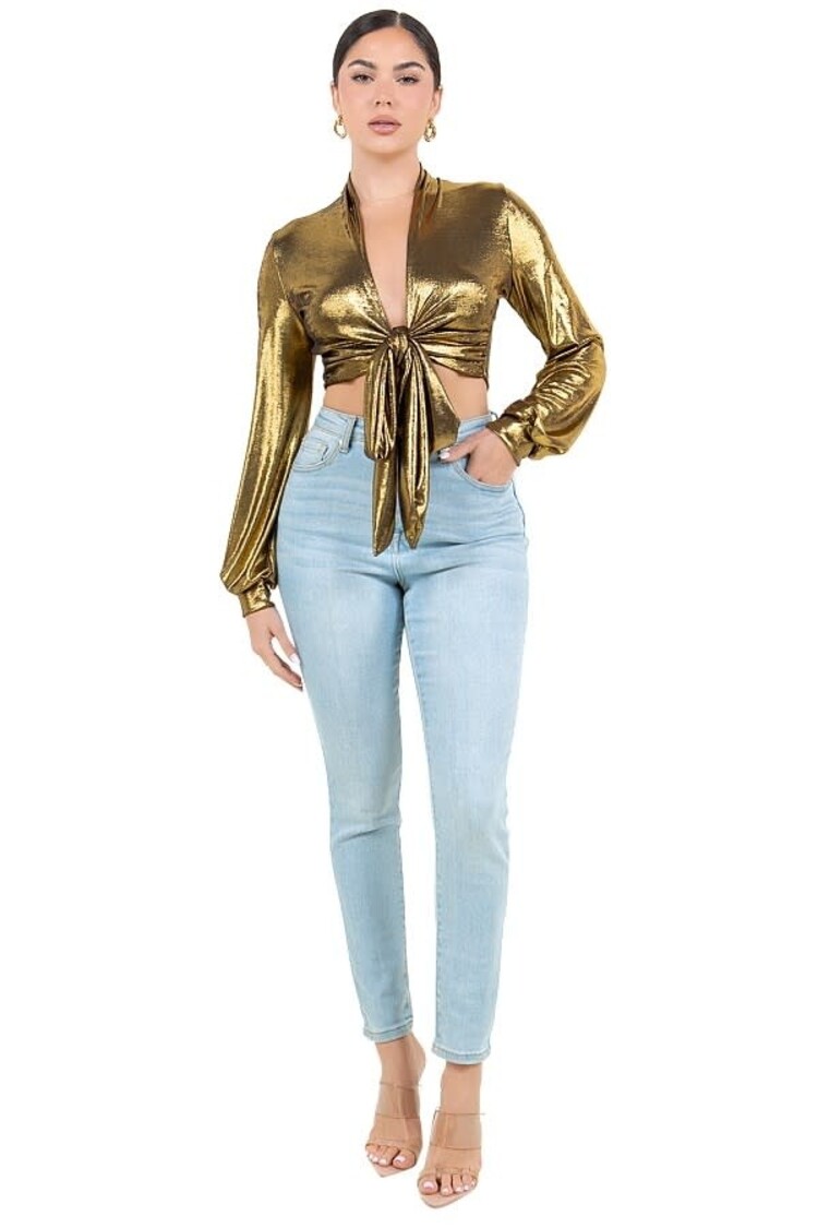 Metallic Waist Tie Blouse