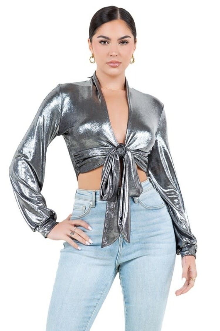 Metallic Waist Tie Blouse