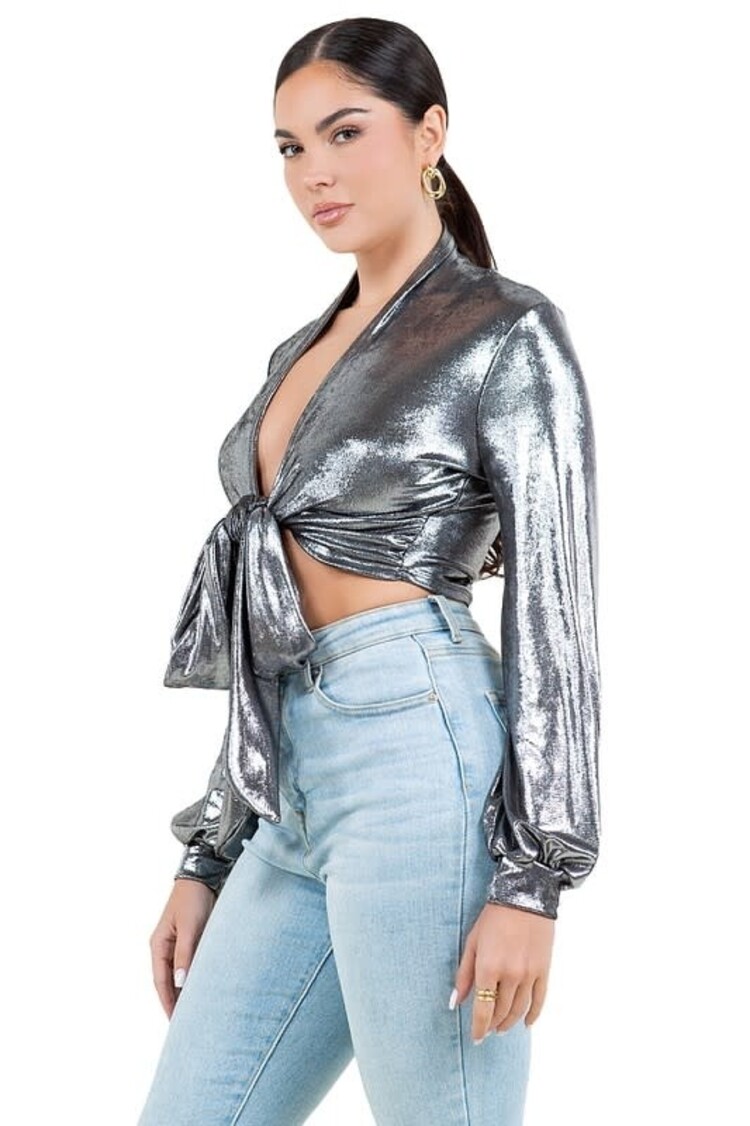 Metallic Waist Tie Blouse