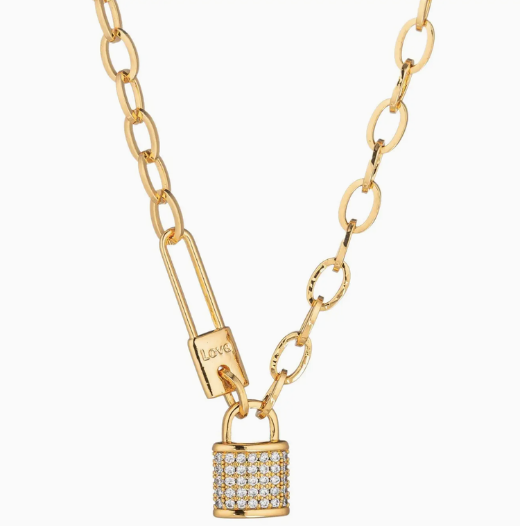 18K Gold Plated Lock Necklace with Cubic Zirconia Stones