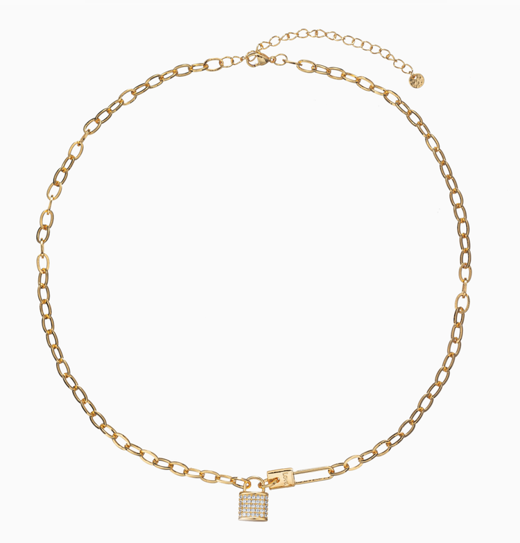 18K Gold Plated Lock Necklace with Cubic Zirconia Stones