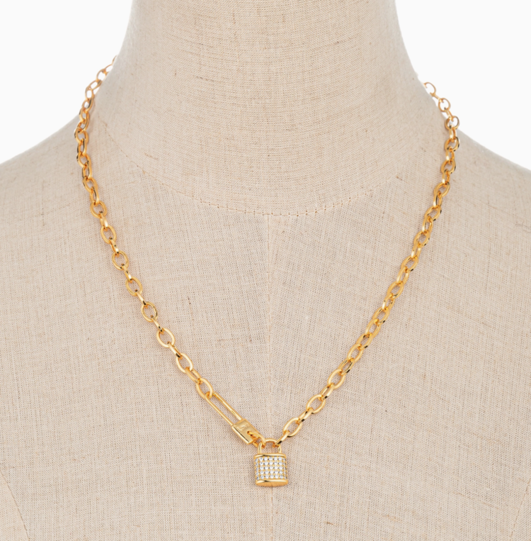18K Gold Plated Lock Necklace with Cubic Zirconia Stones