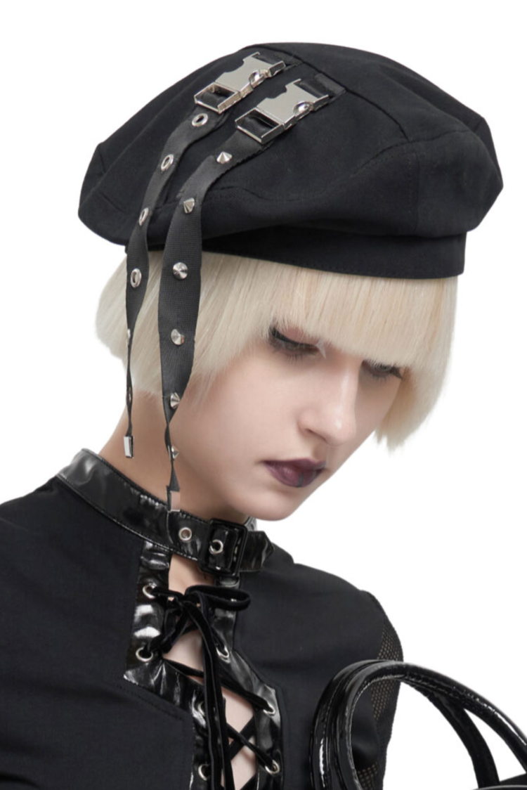 Black Double Side Buckle Beret