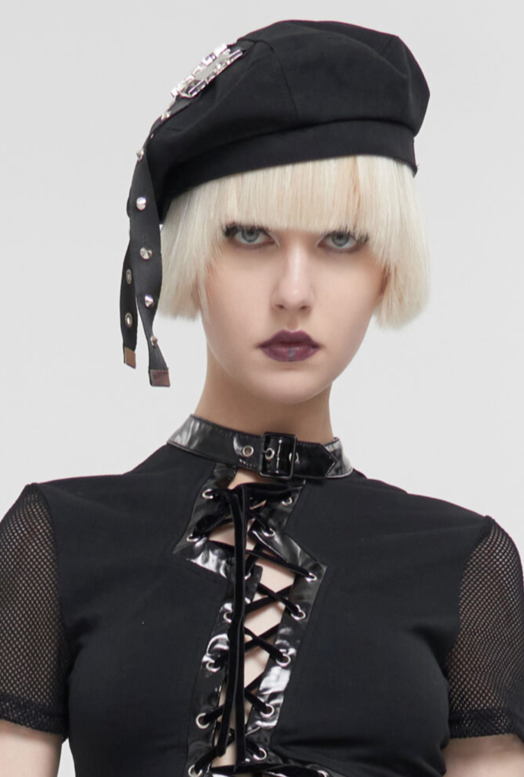 Black Double Side Buckle Beret