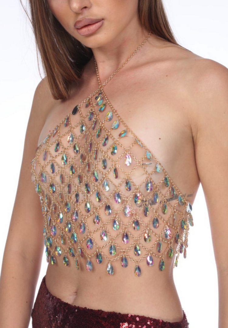 Body Chain Lattice Halter AB Stones Gold