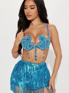 Blue Green Peacock Beaded Bra