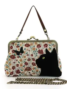Floral Black Cat Kisslock Bag