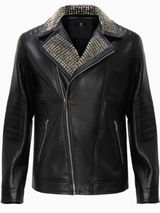 PU Studded Collar Trim Moto Jacket
